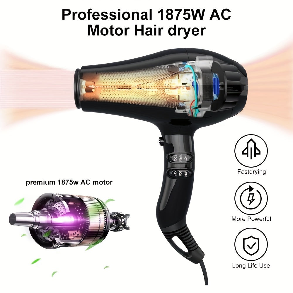 US MHU professional hair dryer with multiple accessories, AC motor provides super strong wind and heat, equipped with multiple accessories to meet all types of hair styles, negative ion function protects hair without damage,